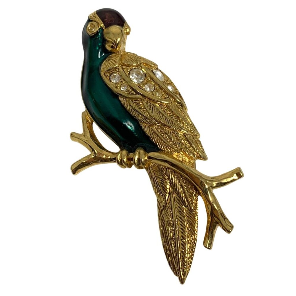Majestic Gold-Tone Parrot Brooch Green Enamel w/ Rhinestones Signed Avon VTG